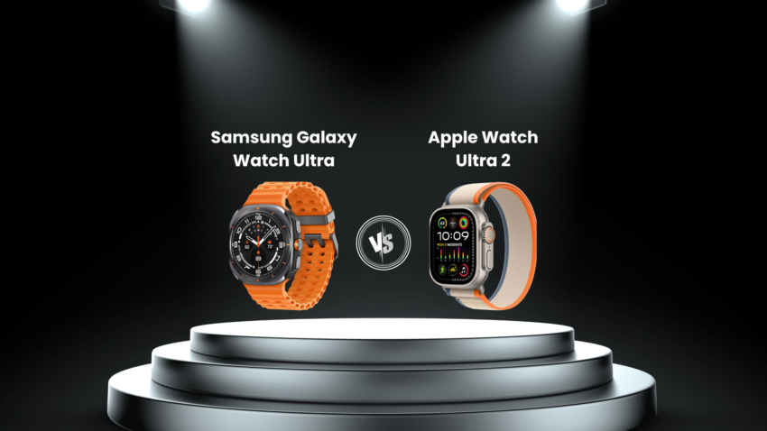 "Samsung Galaxy Watch Ultra and Apple Watch Ultra 2 displayed on a stage with spotlights and a 'VS' symbol in the middle."