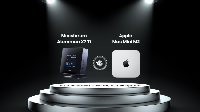 Comparison image of Minisforum Atomman X7 Ti and Apple Mac Mini M2 mini PCs.