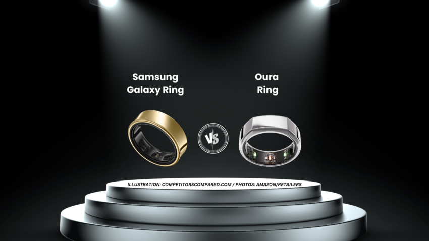 "Comparison of Samsung Galaxy Ring and Oura Ring on a spotlighted stage.